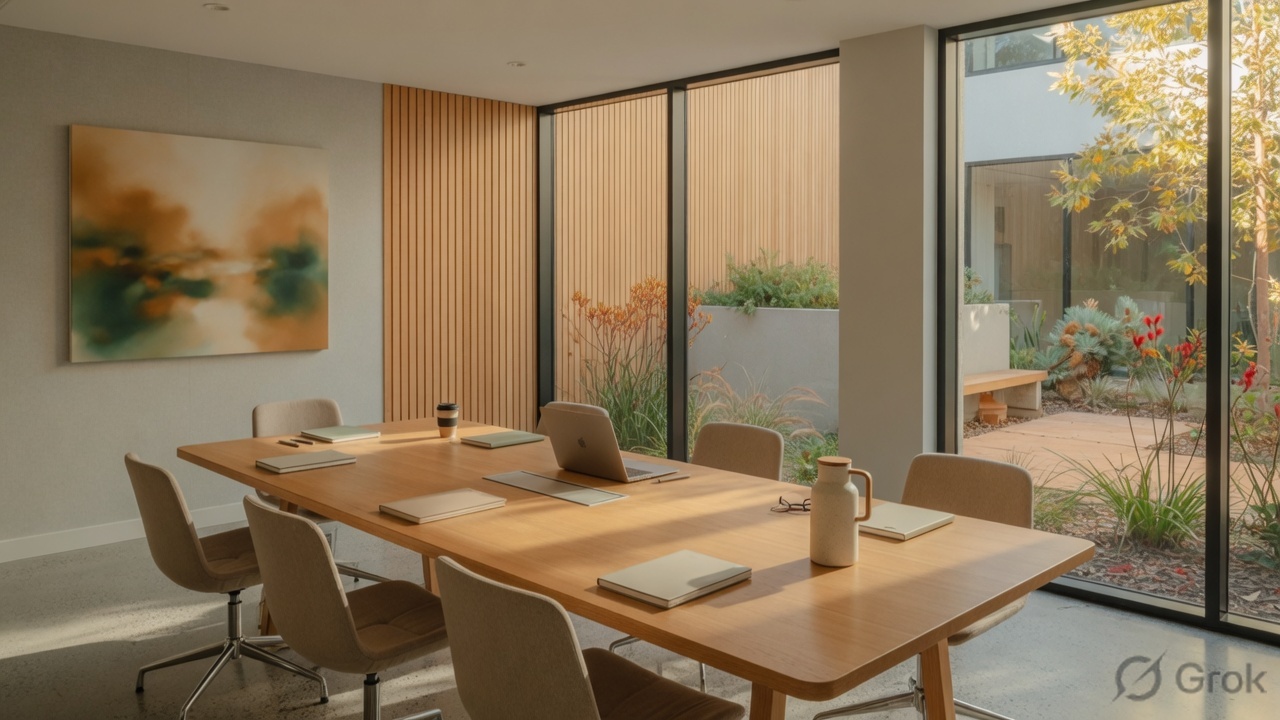 Council meeting room overlooking a native courtyard