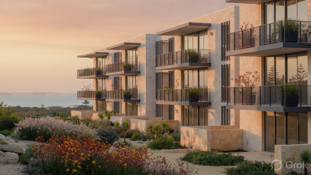 Coastal limestone apartments at sunset