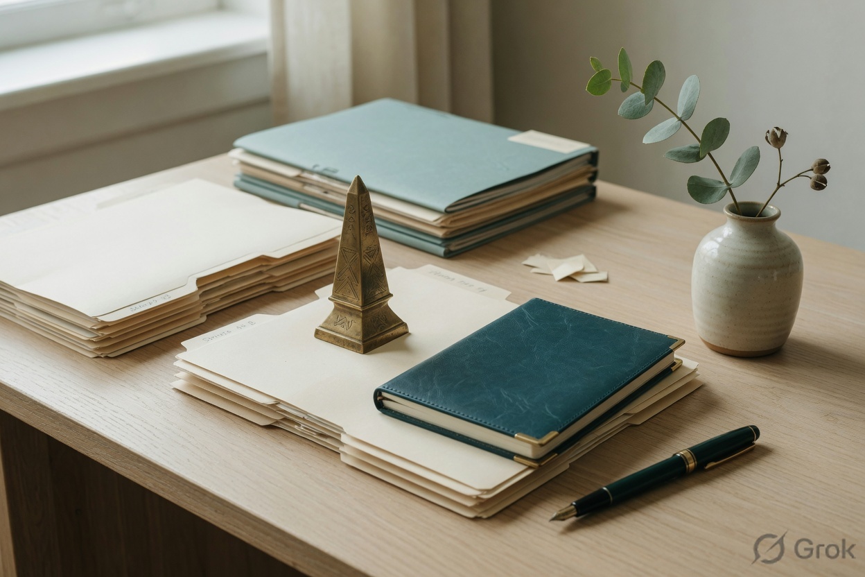 Strata records organised on a timber desk